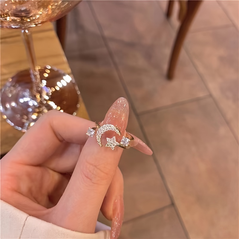 Adjustable Star & Moon Ring with CZ Stainless Steel